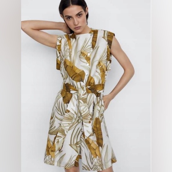 Massimo Dutti Leaves Print 100% Linen Belt Dress Two Pockets Sz M EU38 - Picture 1 of 17